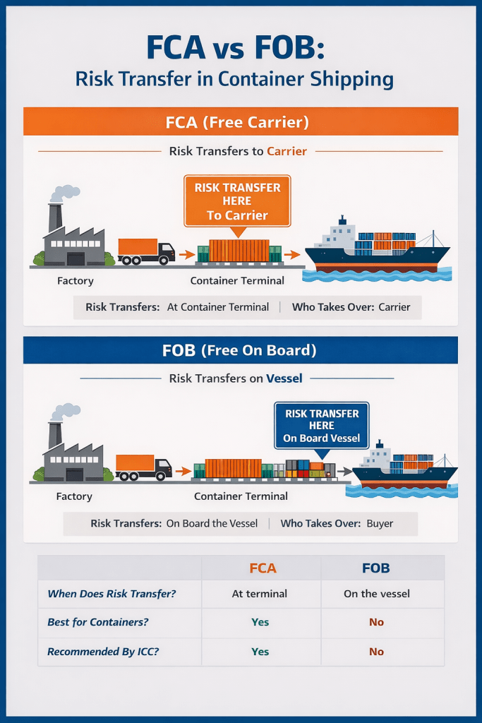 FCA vs FOB risk transfer diagram in container shipping